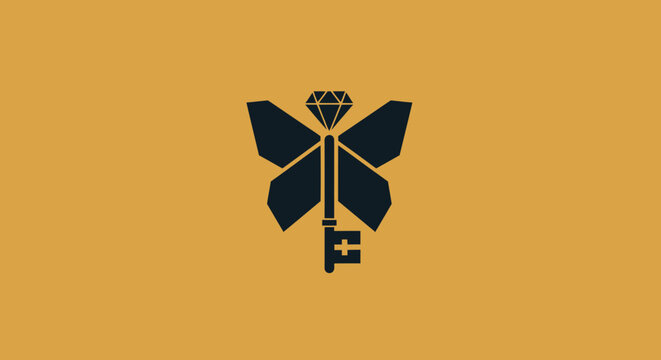 Minimalist key logo with diamond butterfly wings and cross icon