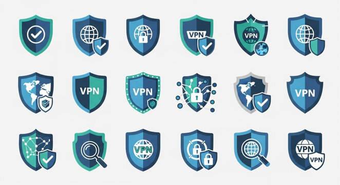 Collection of VPN security shield icons for digital protection.