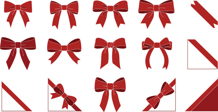 Red gift bow and corner ribbon vector illustration set for christmas birthday wedding present wrapping greeting card decorative frame border layout design