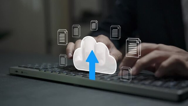 Cloud upload concept. Person typing keyboard with cloud storage and file transfer icons, online data backup, secure document upload and digital storage technology.