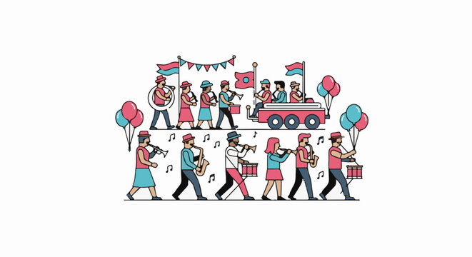Colorful illustration of a lively parade with people playing music and carrying balloons