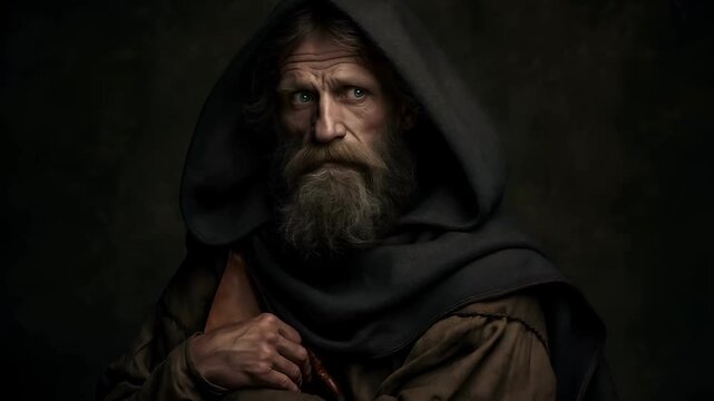 Europe medieval lifestyle. A detailed portrait of an elderly man with a long, full beard and mustache, set against a dark, smoky background. He wears a dark hooded cloak and a brown robe.