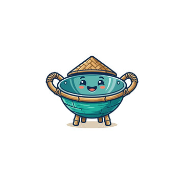 Cheerful Teal Wok Mascot Wearing A Woven Bamboo Salakot Hat, Curved Bamboo Handles, Tiny Bamboo Legs, Rosy Cheeks And A Cute Cartoon Smile, Perfect For Kitchen Branding Vector Illustration
