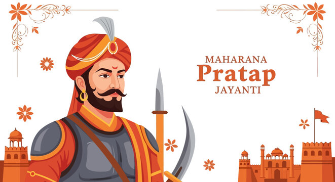 Commemorating Maharana Pratap Jayanti with a regal warrior portrait and Indian fort illustration