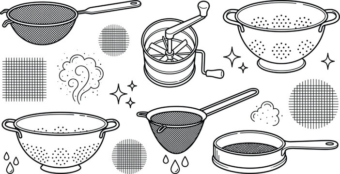 Kitchen colander and strainer line icon set with food mill and mesh sieve vector illustration on white background