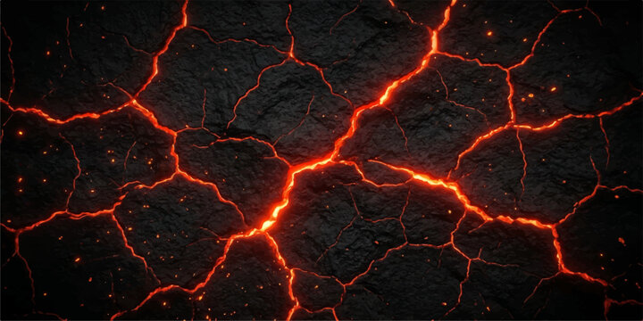 Fiery Cracks in Darkness: A dramatic close-up reveals a textured, dark surface fractured by glowing red-orange cracks, suggesting intense heat and underlying energy.