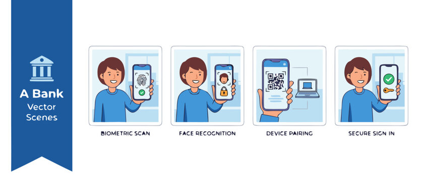 Set of four vector illustrations of a bank customer using passkeys for secure mobile sign-in on a smartphone featuring modern flat icons for biometric authentication and digital privacy.