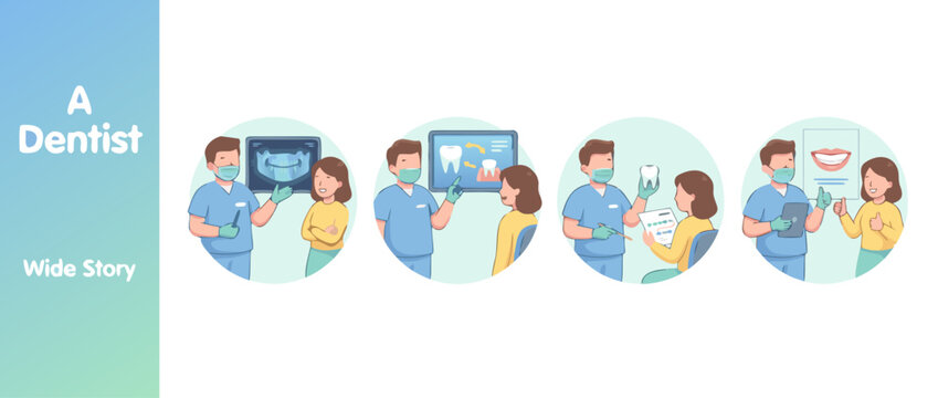 Professional set of 4 vector illustrations showing a friendly dentist explaining a detailed dental treatment plan using xray visuals to a patient in a modern healthcare clinic environment.
