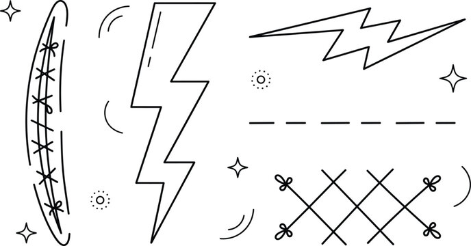 Lightning bolt and surgical stitch scar linear outline icon set with stitches dashed line and sparkles