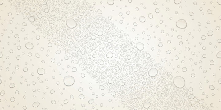 Water Droplets on a White Surface: A close-up, abstract view of numerous clear water droplets scattered across a light, textured surface, with a subtle diagonal line breaking the pattern.
