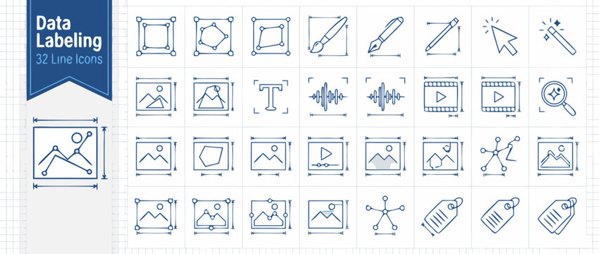 Data Labeling and Annotation Tools Vector Line Icon Set for Artificial Intelligence Machine Learning Technical Documentation Data Processing Software Development and Digital Information Management