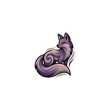 Stylized Purple And Pink Fox Mascot With Large Swirling Curled Tail, Halftone Dot Texture And Elegant Flowing Fur Details On White Background Vector Illustration