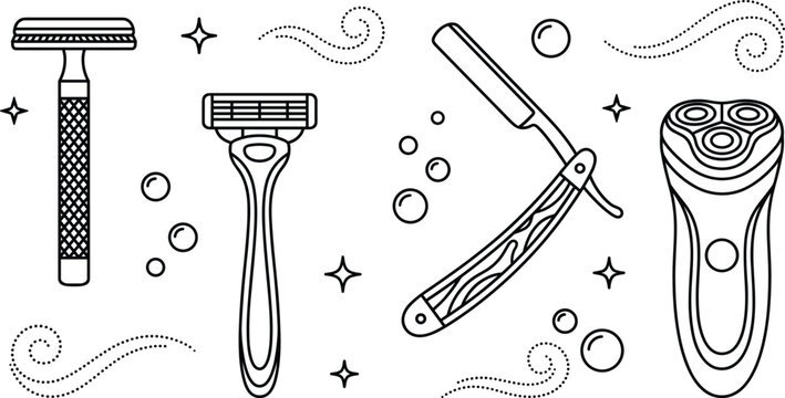 Men shaving razor and electric shaver linear outline icon set with straight razor blade safety cartridge