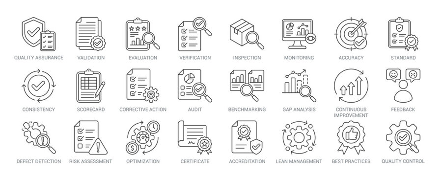 Quality assessment outline vector icon set featuring quality assurance, audit, inspection, verification, certification, risk assessment, benchmarking, and quality control concepts.