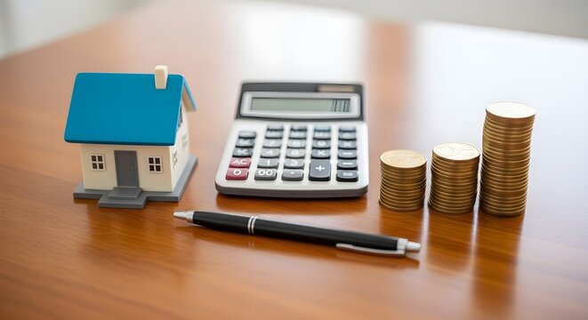 Real Estate Investment Concept Featuring a Model House Calculator and Stacks of Gold Coins