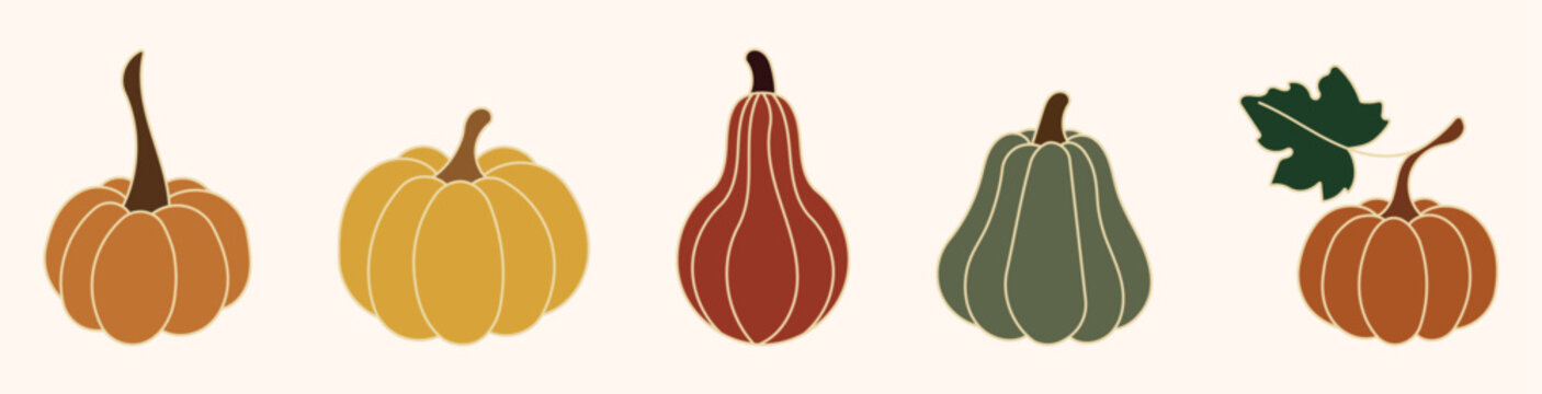 Set of autumn pumpkins and squash icons for Thanksgiving and Halloween season decorations or greeting card templates