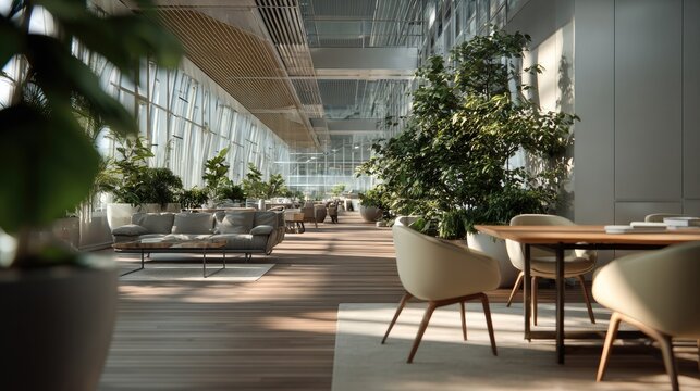 Modern Office Oasis: Sunlight streams through expansive windows, illuminating a contemporary office lounge filled with lush greenery, comfortable seating, and sleek furniture.