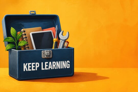 Creative learning toolbox with school supplies and education concept on orange background