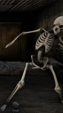 Seamless vertical video of skeleton dancing salsa in a haunted house at night. Funny halloween background.