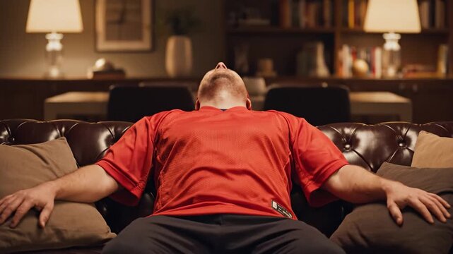 A man wearing a red jersey reacts to a sports game while sitting on a leather sofa. He shows intense focus, relief, and joy. Ideal for sports broadcasting or lifestyle content.