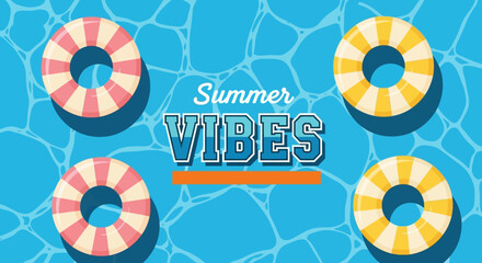 Fototapeta premium Summer vibes with colorful inflatable rings floating on blue water background