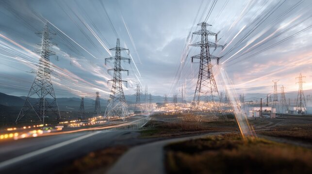 High-Voltage Power Lines at Dusk: Towering electricity pylons stand against a dramatic sky, their silhouettes illuminated by the last rays of sunlight and distant city lights.