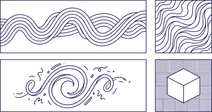 Monochrome abstract wavy line texture banner set with isometric 3D cube and generative AI spiral elements