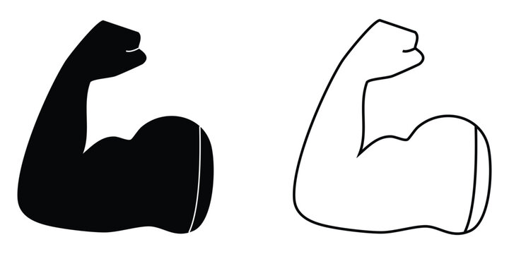Muscle icon. Bicep symbol. Strong arm vector illustration. Gym logo. Bodybuilding fitness concept. Athlete flexing hand sign. Muscular power pictogram isolated on a white and black background eps 10.