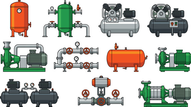 Industrial air compressor and water pump vector illustration set with pressure tanks piping valves gauges for engineering factory hydraulic pneumatic system machinery layout design