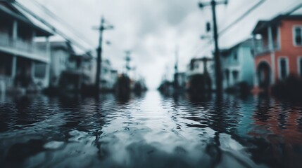Obraz premium A flooded urban street with water covering the road, reflecting houses and power lines under a cloudy sky.