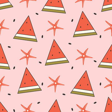 Cute Hand Drawn Seamless Summertime Vector Pattern with Watermelon Slices and Starfish in Retro Style on Pink Background