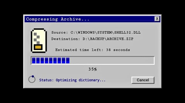 Vintage Computer Screen Shows File Compression Progress Bar, Data Backup Process
