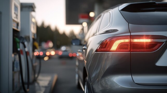 Car at Gas Station: A modern car with glowing taillights is at a gas station, fueling up with a backdrop of traffic and sunset.