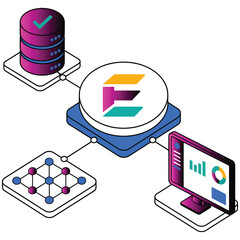 Modern isometric network architecture illustration showcasing digital database management information technology flow and predictive data analytics © LABUNI