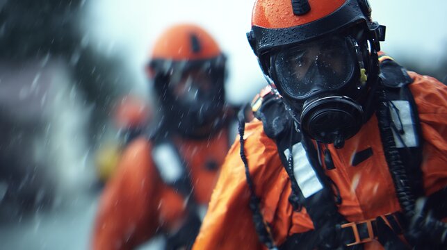 Firefighters in orange protective suits and gas masks operating in rainy, hazardous conditions.