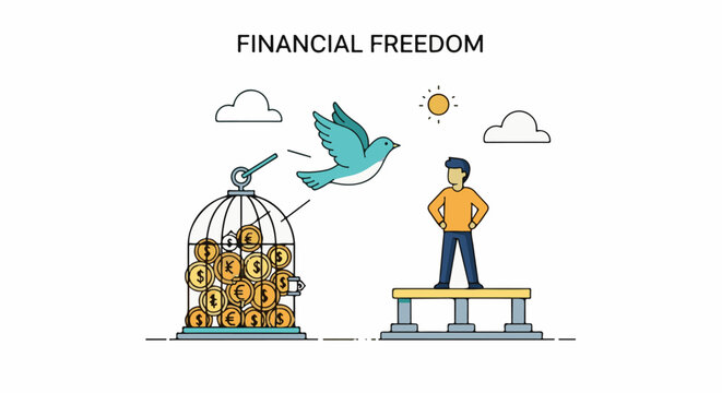 A man stands on a platform, looking at a bird flying out of a cage filled with money