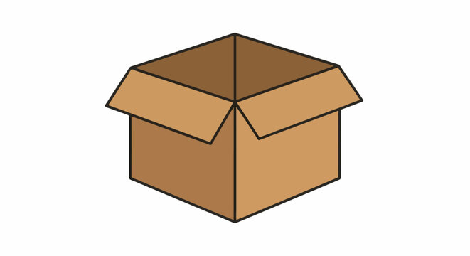 A simple illustration of a brown cardboard box with its flaps open