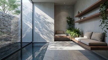 Fototapeta premium Modern minimalist interior with indoor pool and lounge area