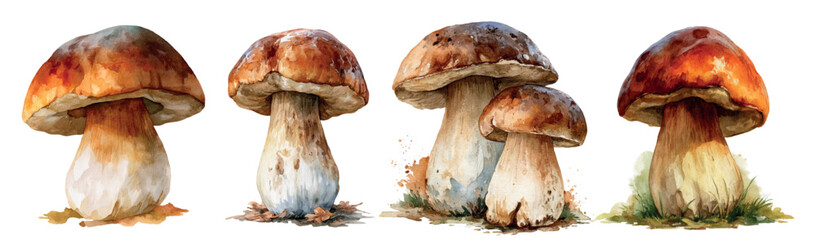 Obraz premium Watercolor porcini mushrooms collection showcasing hand drawn boletus edulis fungi, isolated on a white background, perfect for culinary and botanical themes
