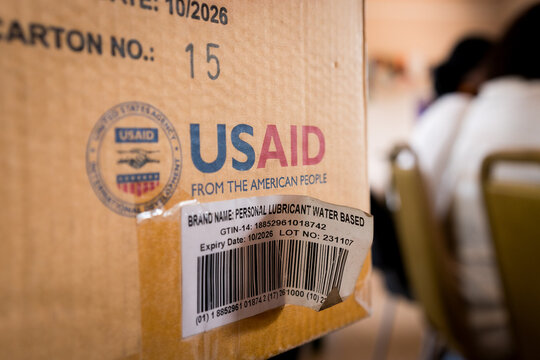 Kafountine, Senegal - 19 may 2026: a box of USAIS aid from the USA american governement is seen in an office in rural africa, concept of international aid cuts