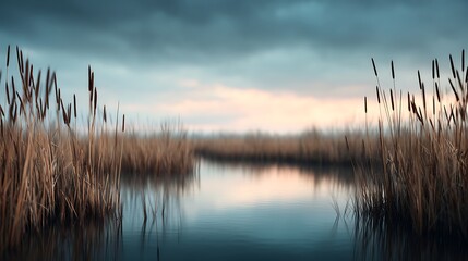 Obraz premium A serene marshland scene with tall reeds reflecting in calm water under a moody, overcast sky.