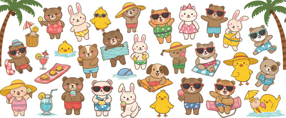 Fototapeta premium A collection of cute hand drawn bear characters enjoying summer vacation with tropical elements like palm trees cocktails and beach accessories on white background
