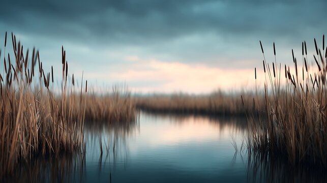 A serene marshland scene with tall reeds reflecting in calm water under a moody, overcast sky.