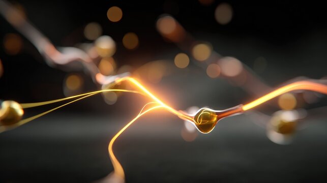 Abstract Energy Flow: A dynamic abstract visualization of flowing energy, with glowing golden threads and spheres against a dark background, suggesting motion and power.