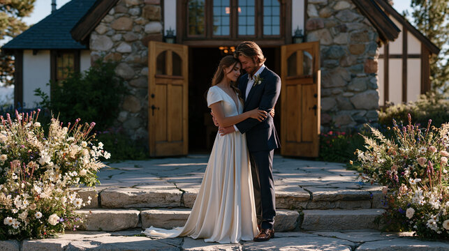 Young couple adjusting each other's wedding attire on the stone steps of a rural chapel surrounded by wildflower arrangements with no guests yet present, the June morning air still and the wooden do