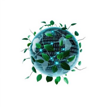 Globe covered in binary code, surrounded by lush green leaves. Symbolizes digital world merging with nature, growth, sustainability.