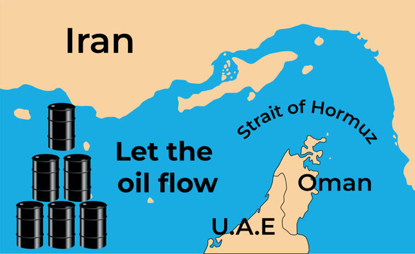 Strait of Hormuz oil flow vector map infographic. Geopolitical background showing sea shipping route between Iran, Oman, and UAE with crude oil barrels, trade logistics and energy concept.