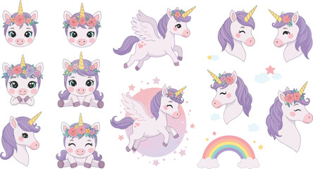 Obraz premium A collection of cute watercolor unicorn illustrations featuring various poses and expressions with flowers rainbows and stars isolated on a clean white background for design