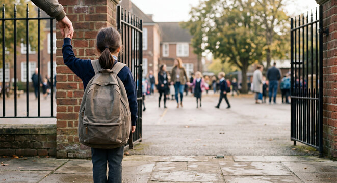 Child entering school gate on first day with backpack