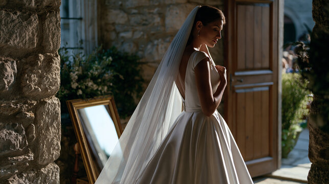 June bride alone in a stone church antechamber adjusting her own veil in a small mirror propped against the wall, the silence of the space amplified by the distant murmur of guests filling the pews 
